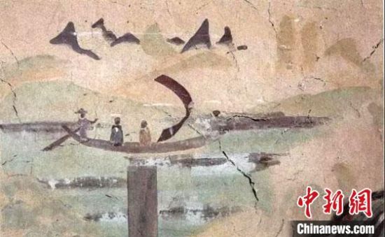 “一人搖櫓晃扁舟，兩人撐篙水上漂?！眻D為莫高窟第323窟《搖櫓帆船》（初唐）?！《鼗脱芯吭汗﹫D