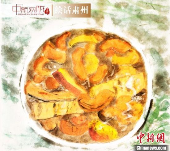 圖為酒泉美食“糊鍋”繪畫作品?！《排d彥 攝