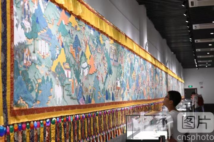 圖為一名小朋友觀看唐卡《涼州會盟》。 中新社記者 戴文昌 攝